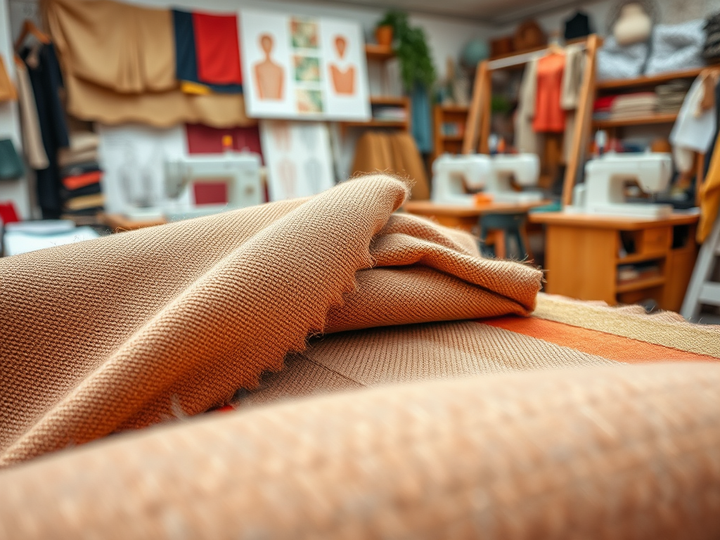 A close-up of folded fabrics in a sewing workshop, with sewing machines and design sketches in the background.