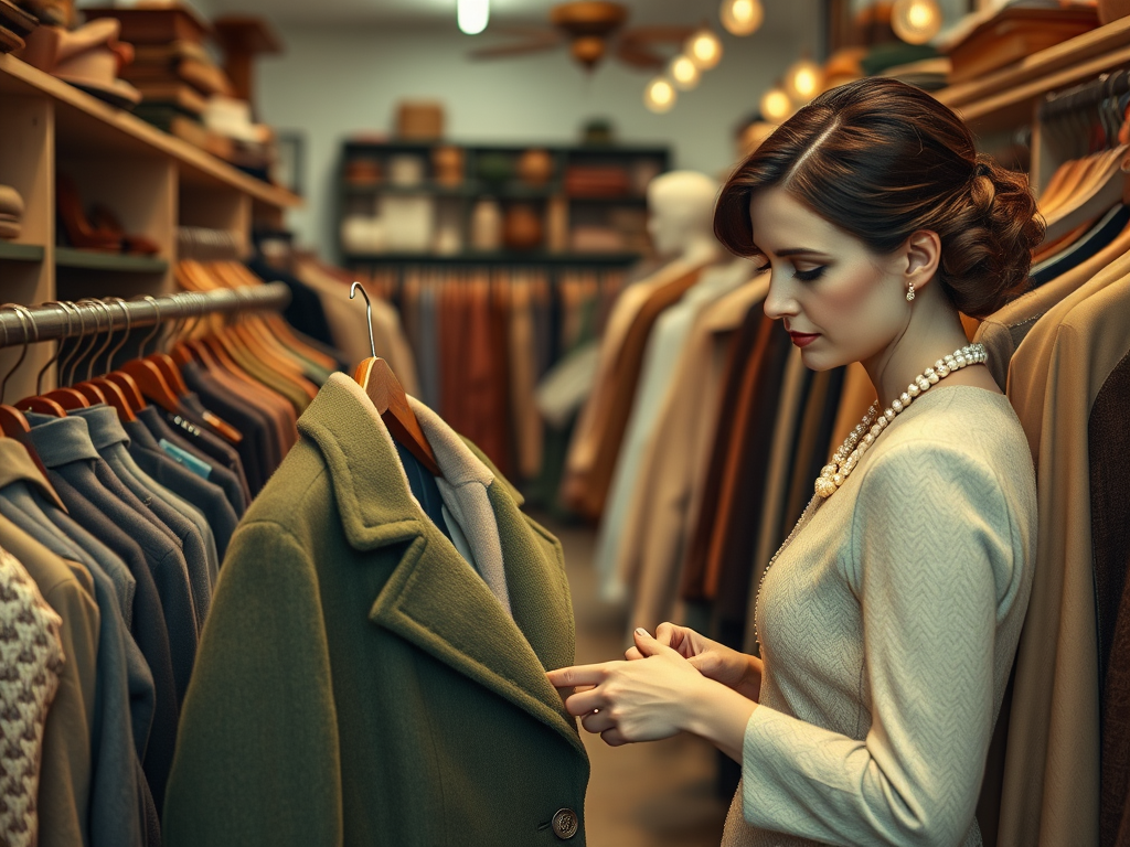 A woman examines a green coat in a vintage clothing store, surrounded by various garments and accessories.