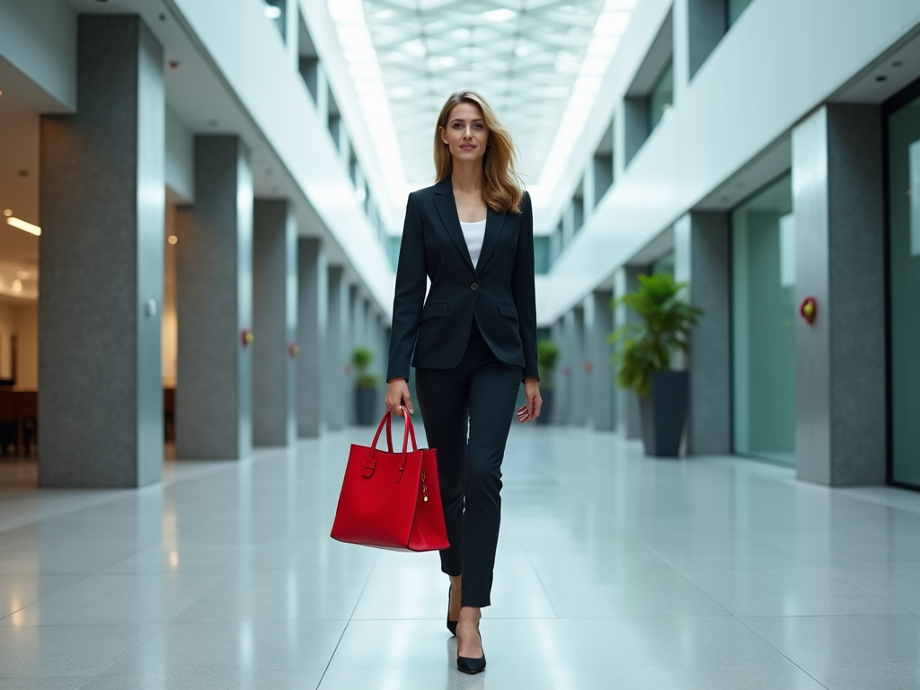 Businesswoman with blond hair walking in a modern office corridor, carrying a red handbag.