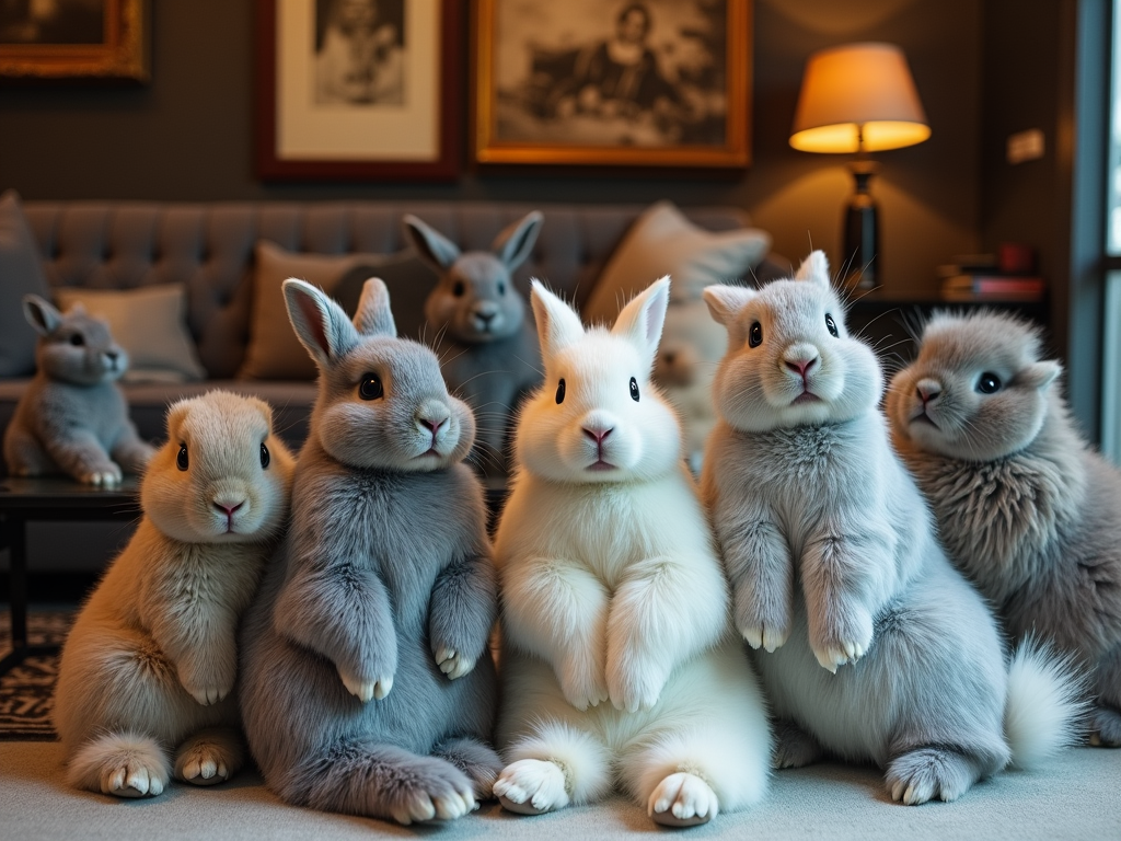 Group of six adorable rabbits in various colors sitting in a cozy room.