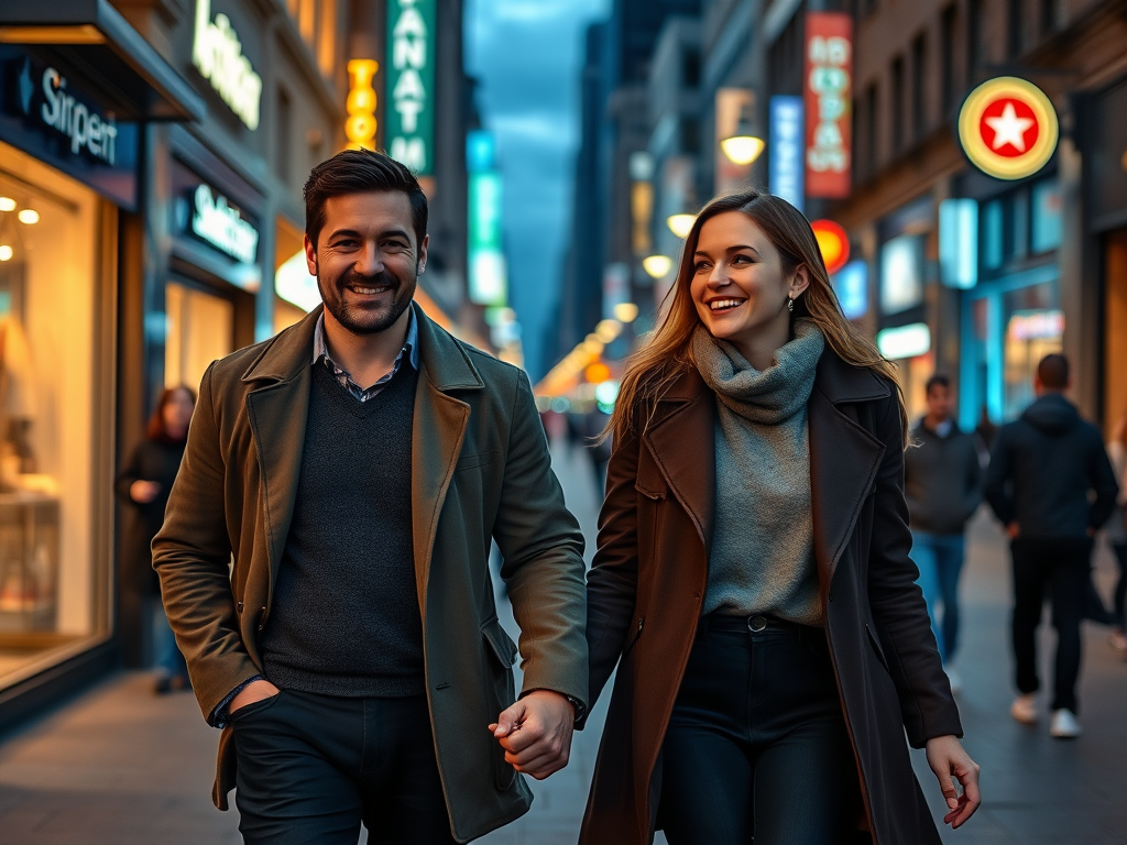 A couple walks hand in hand on a lively city street, smiling amidst colorful storefronts and evening lights.