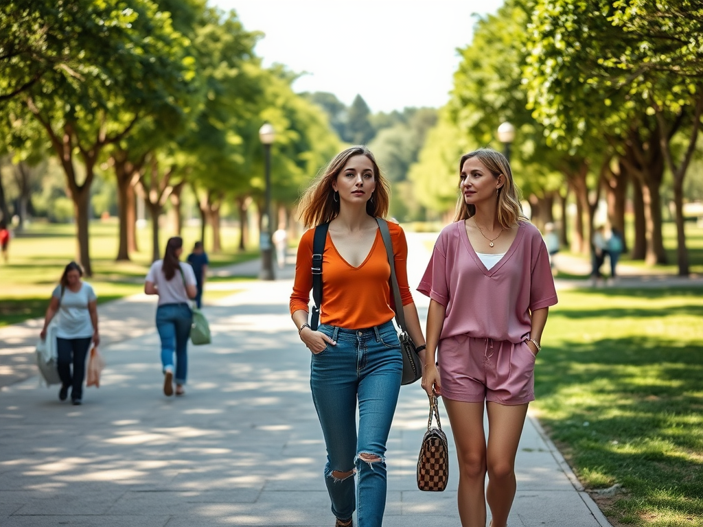 Two women walk side by side in a park, surrounded by trees, enjoying a sunny day. Casual outfits and relaxed vibe.