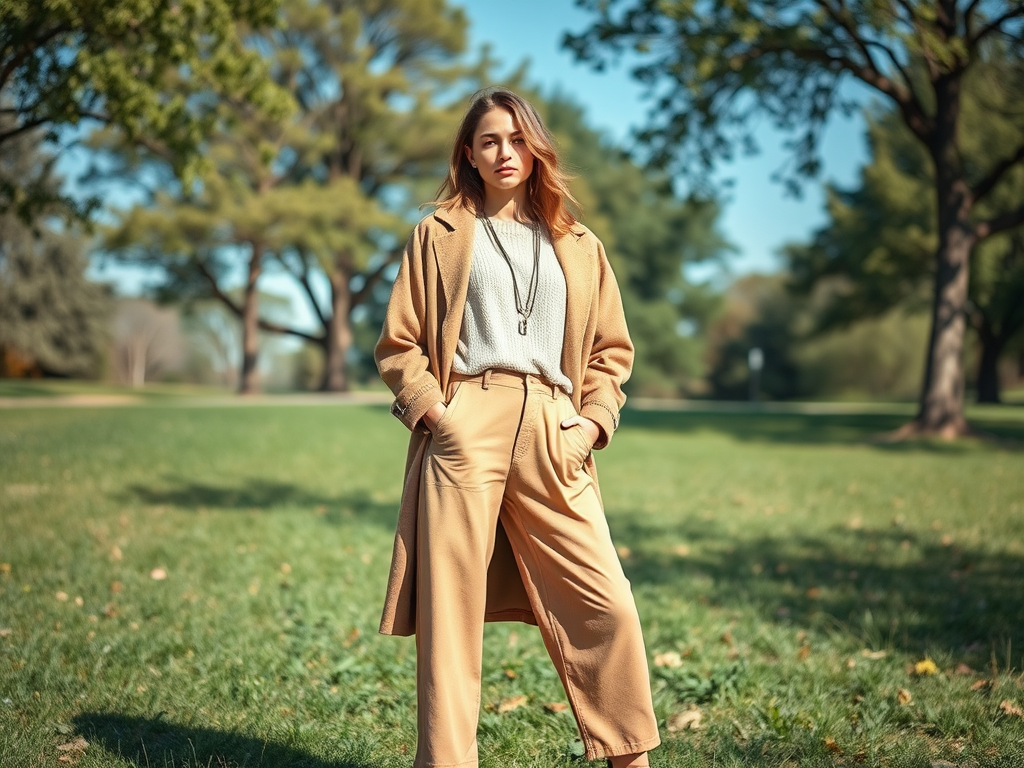 A woman stands confidently in a sunny park, dressed in a beige coat and pants, with green trees in the background.