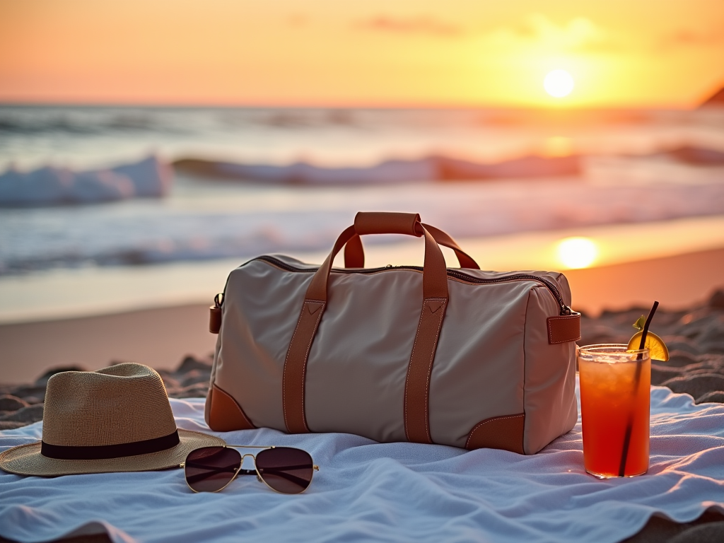 Travel essentials on a beach blanket at sunset, featuring a bag, hat, sunglasses, and a cocktail.