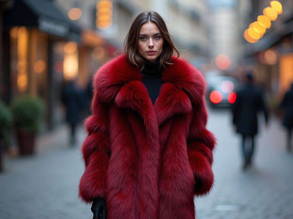 Woman in red fur coat walking on a city street with blurred lights and people in the background.