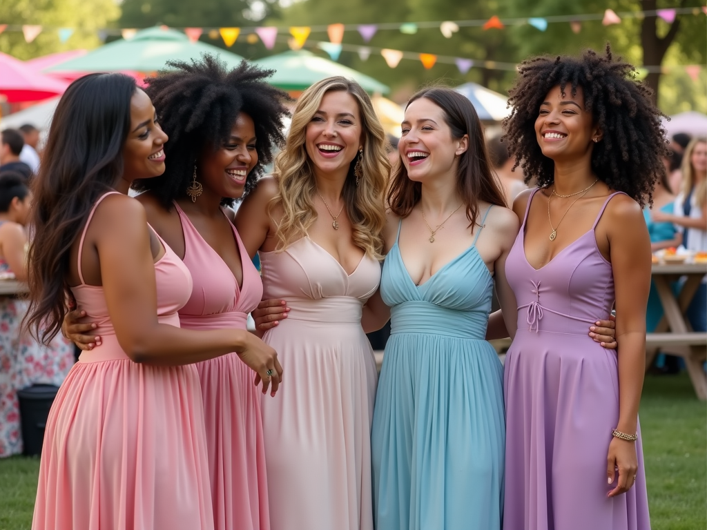 Five women in colorful dresses laughing and enjoying an outdoor party.