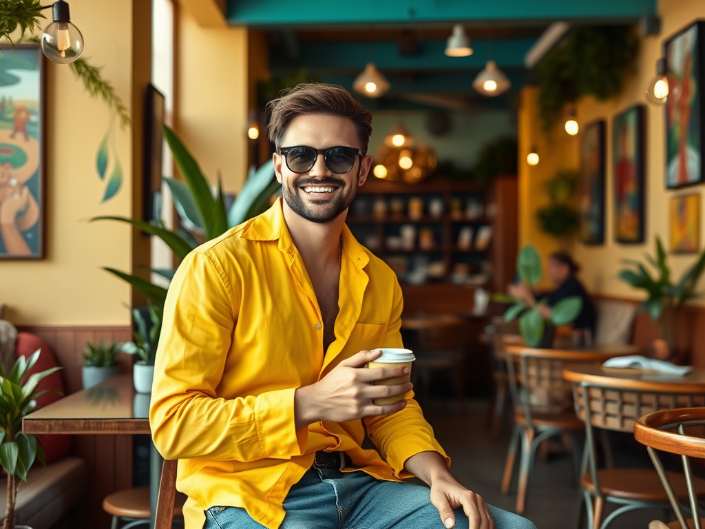 A smiling man in a yellow shirt holds a coffee cup, sitting in a cozy café surrounded by plants.