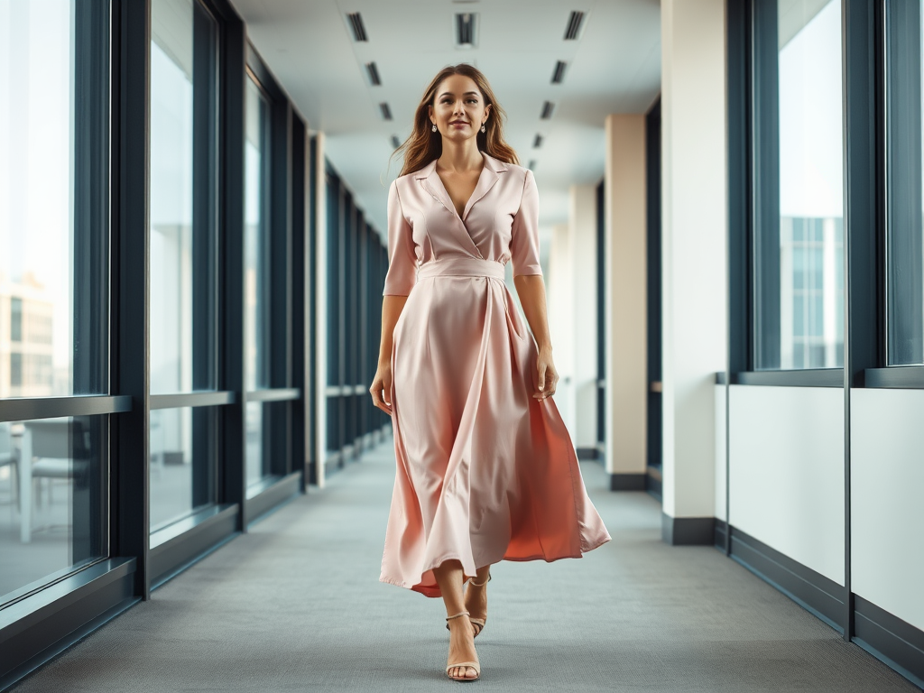 A young woman in a pink dress walks confidently down a modern corridor with large windows.