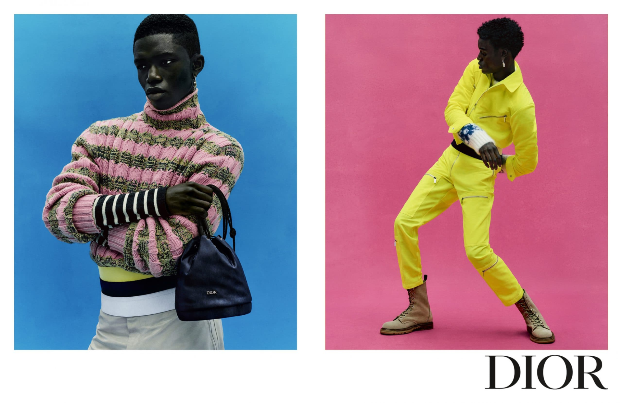 Two Dior fashion campaign images, showcasing bold, colorful outfits against blue and pink backgrounds.