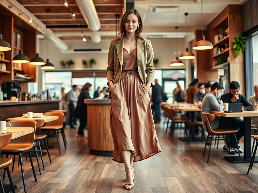 A woman in a stylish outfit walks confidently through a modern café filled with patrons and wooden decor.