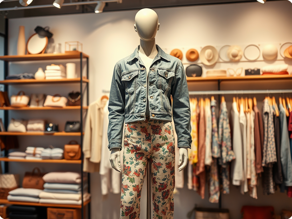 A mannequin displays a denim jacket and floral patterned pants in a clothing store with various items in the background.