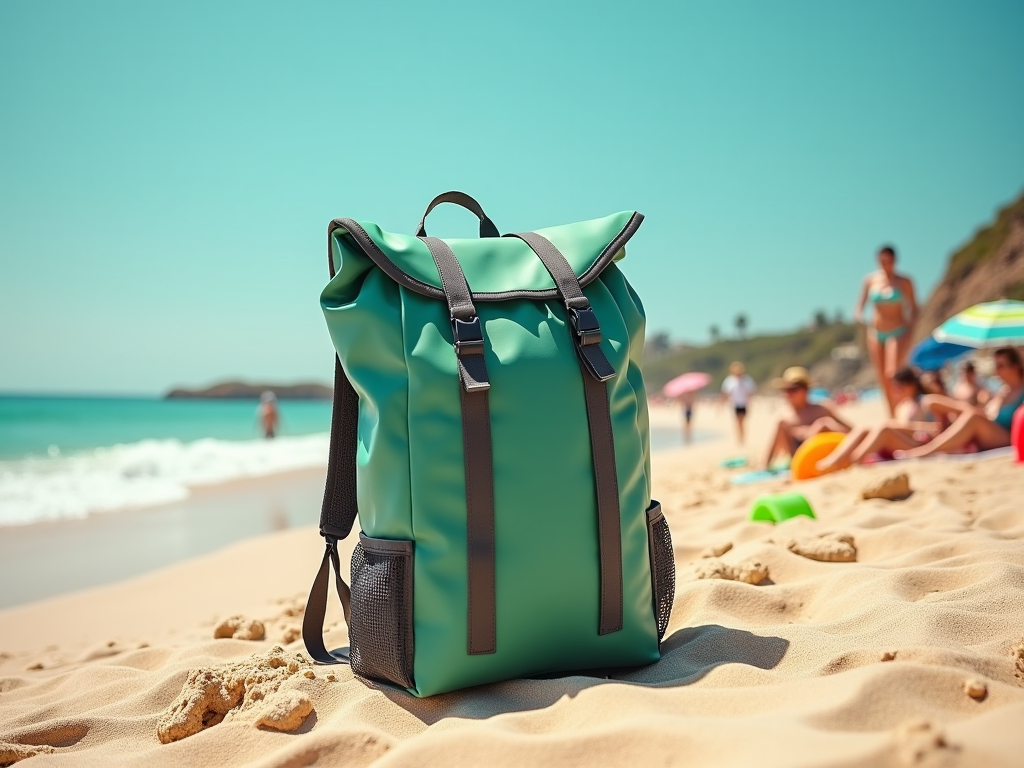 Teal backpack standing on a sandy beach with people enjoying a sunny day in the background.