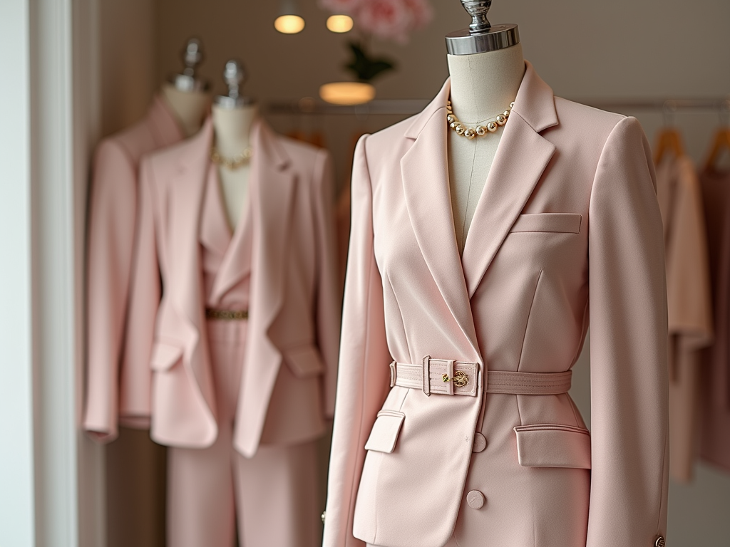 Elegant pink women's suits on mannequins in a chic boutique setting.