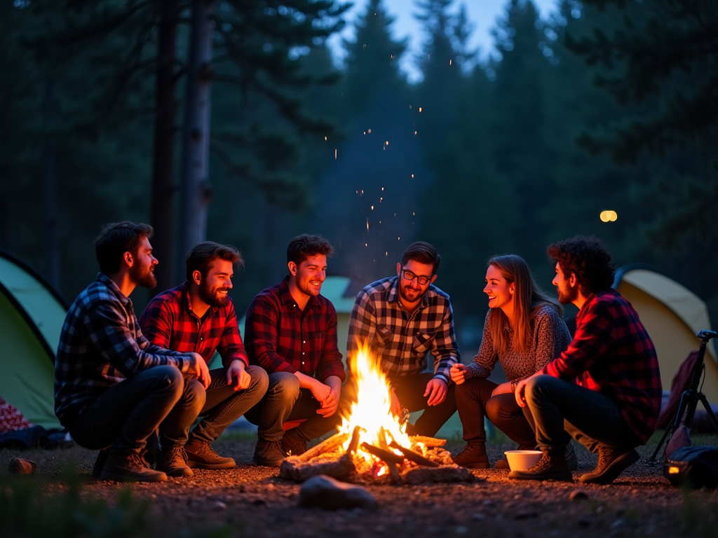 Group of friends enjoying a conversation around a campfire at dusk in a forest setting.