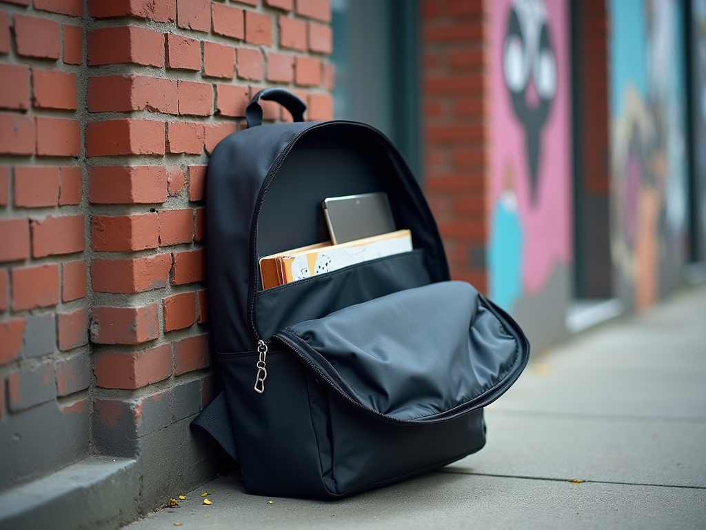 Open black backpack with books and a device, leaning against a brick wall on a sidewalk.