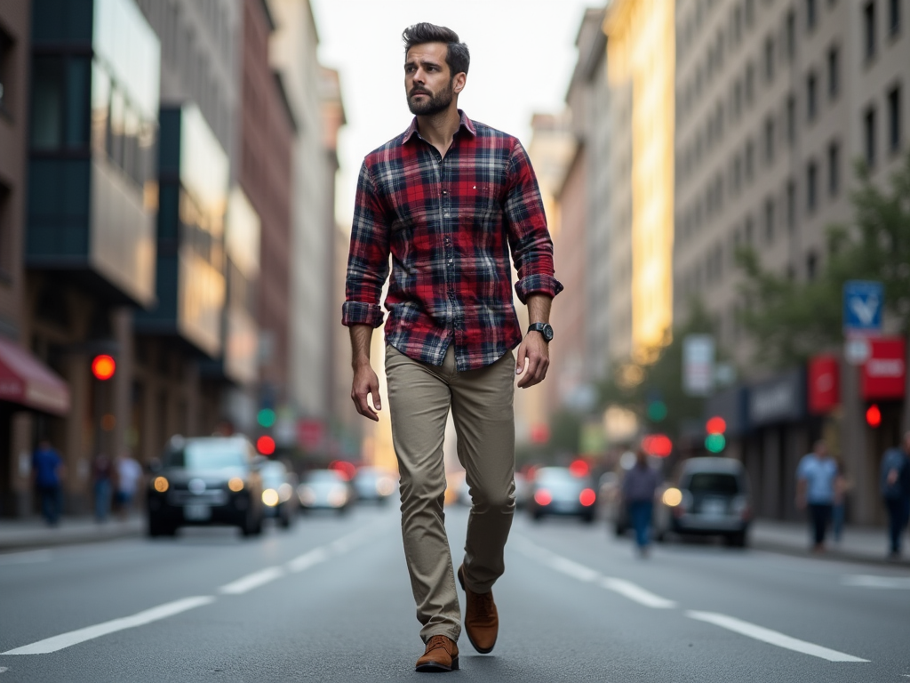 Man in plaid shirt and beige pants walking confidently on city street.