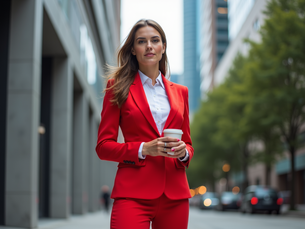 Confident woman in red suit walking with coffee cup on city street.