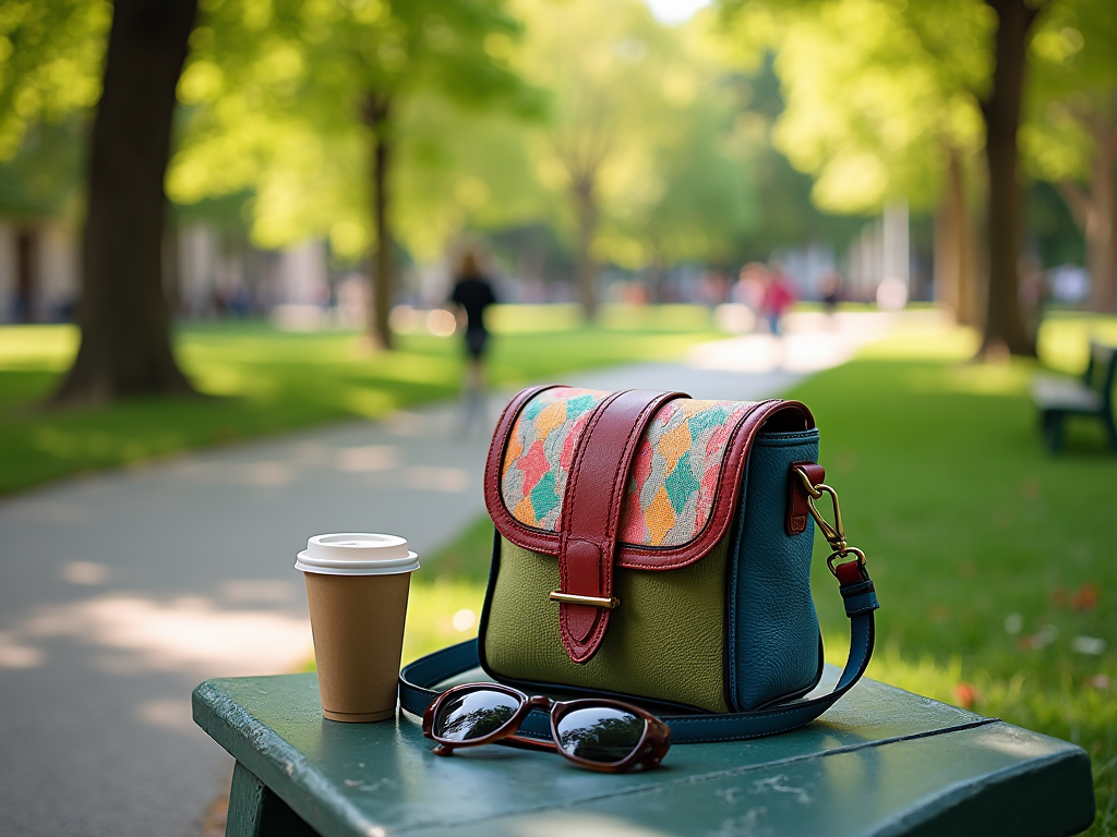 Colorful handbag, coffee cup, and sunglasses on a park bench with blurred trees and people in the background.