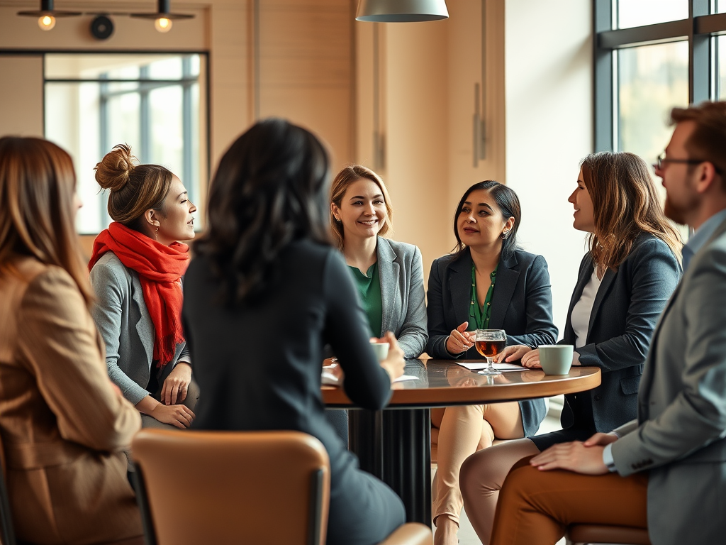 A diverse group of professionals engaged in a discussion around a table, sharing ideas and collaborating.