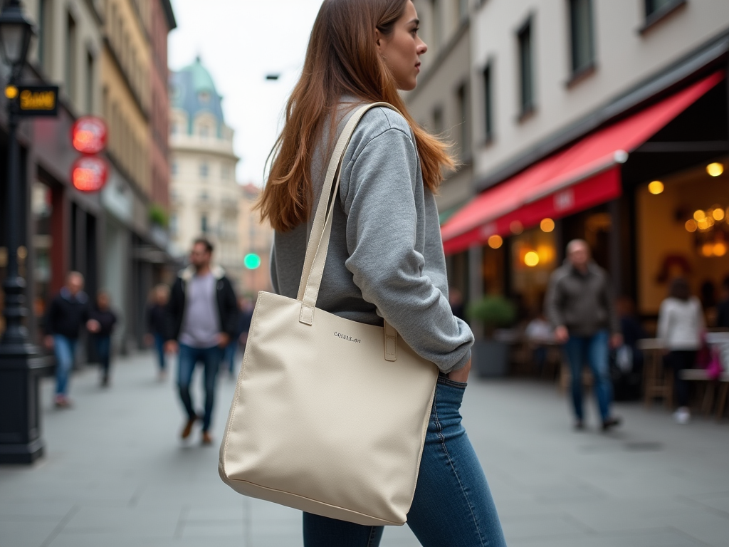 Young woman walking on a city street with a beige tote bag, wearing a grey hoodie and blue jeans.