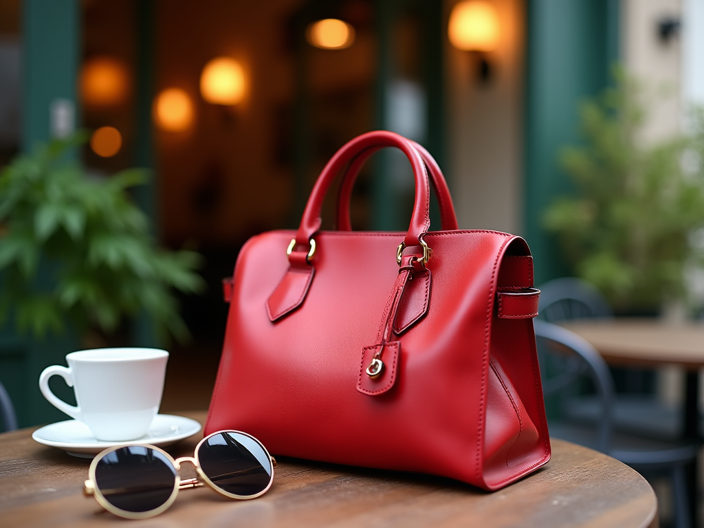 Red handbag, sunglasses, and a coffee cup on a café table.