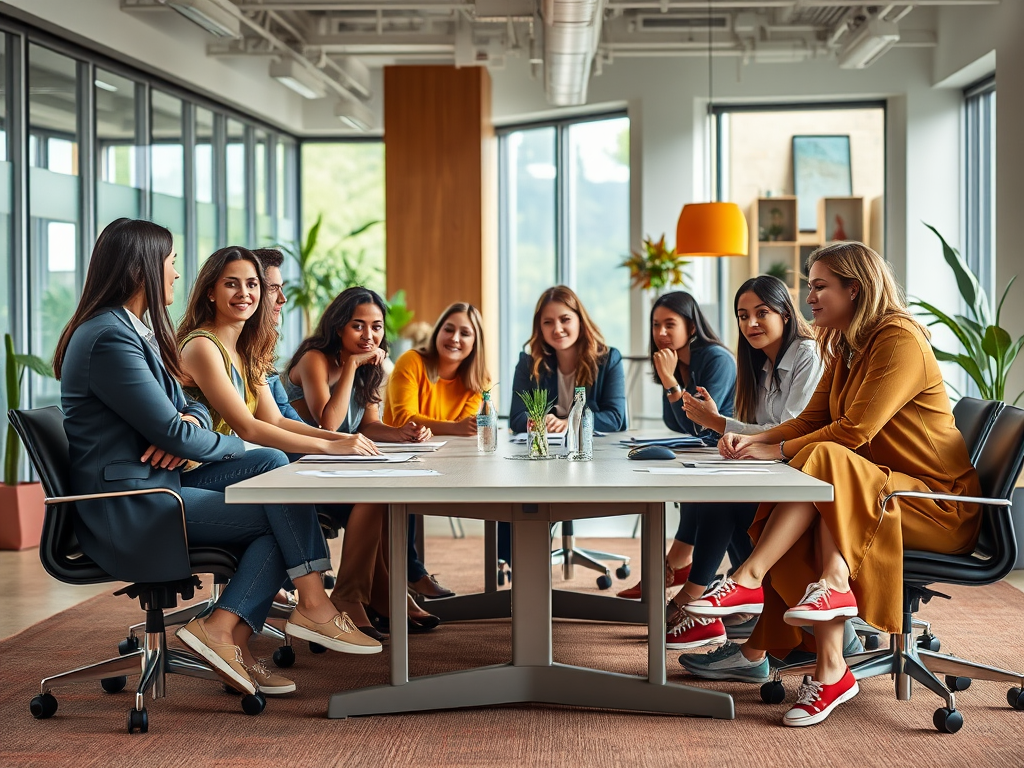 A diverse group of women engaged in discussion around a conference table in a modern office setting.