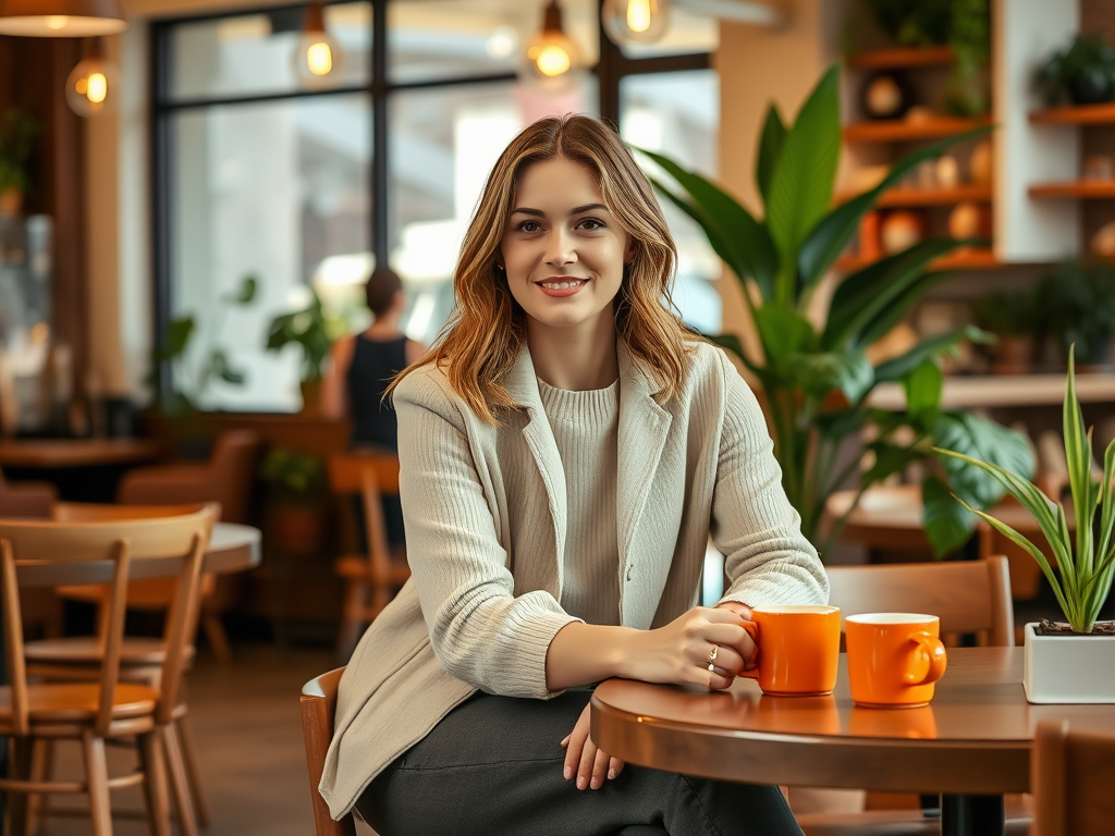 A young woman with wavy hair sits at a café table, smiling with orange mugs in front of her and plants in the background.