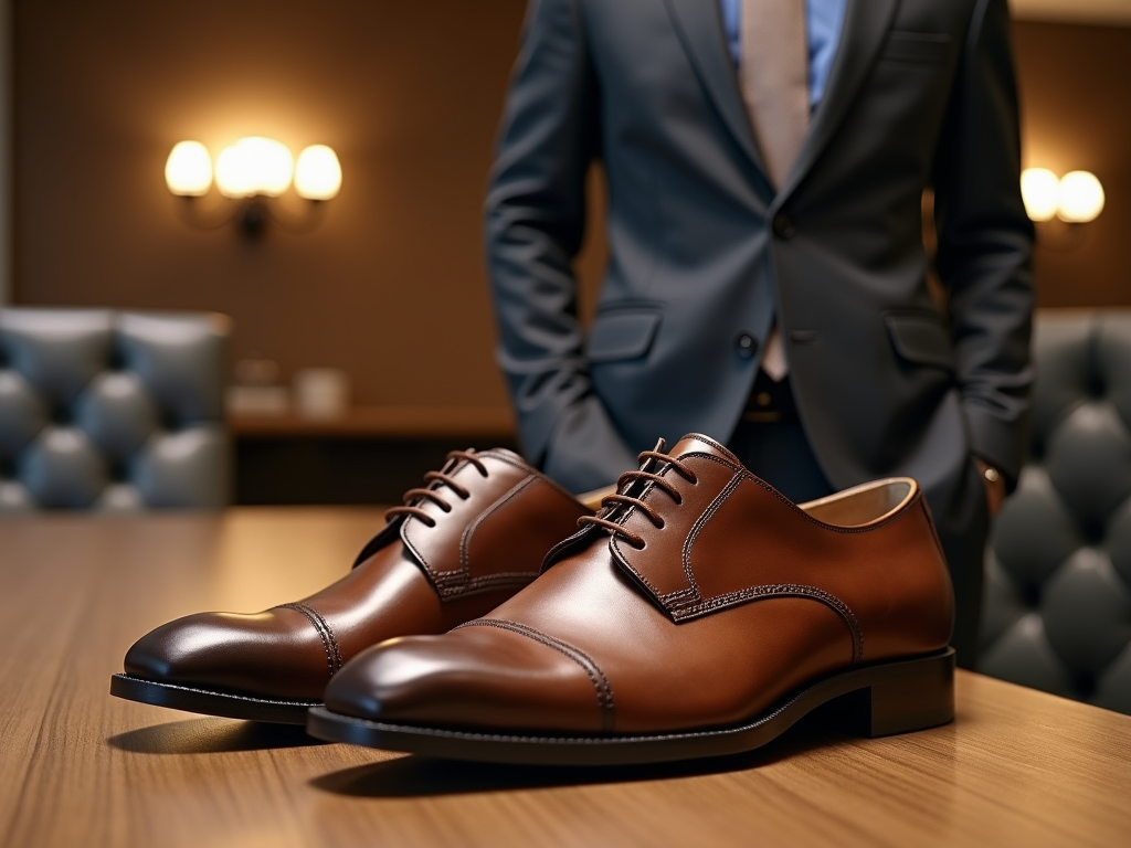 Elegant brown leather shoes on a wooden table with a man in a blue suit in the background.