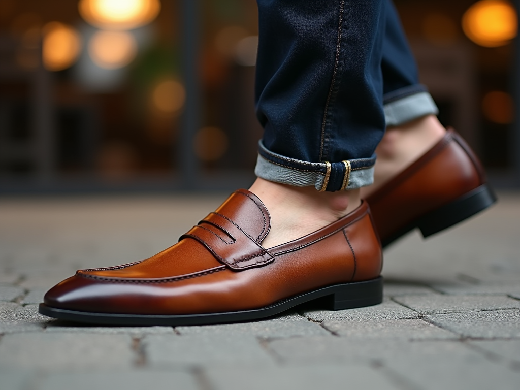 Close-up of a brown leather loafer on a man with cuffed blue jeans, set against a blurry city background.