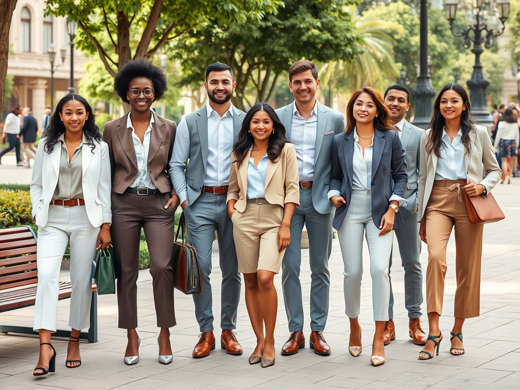 A diverse group of eight professionals in stylish business attire poses together on a sunny street.