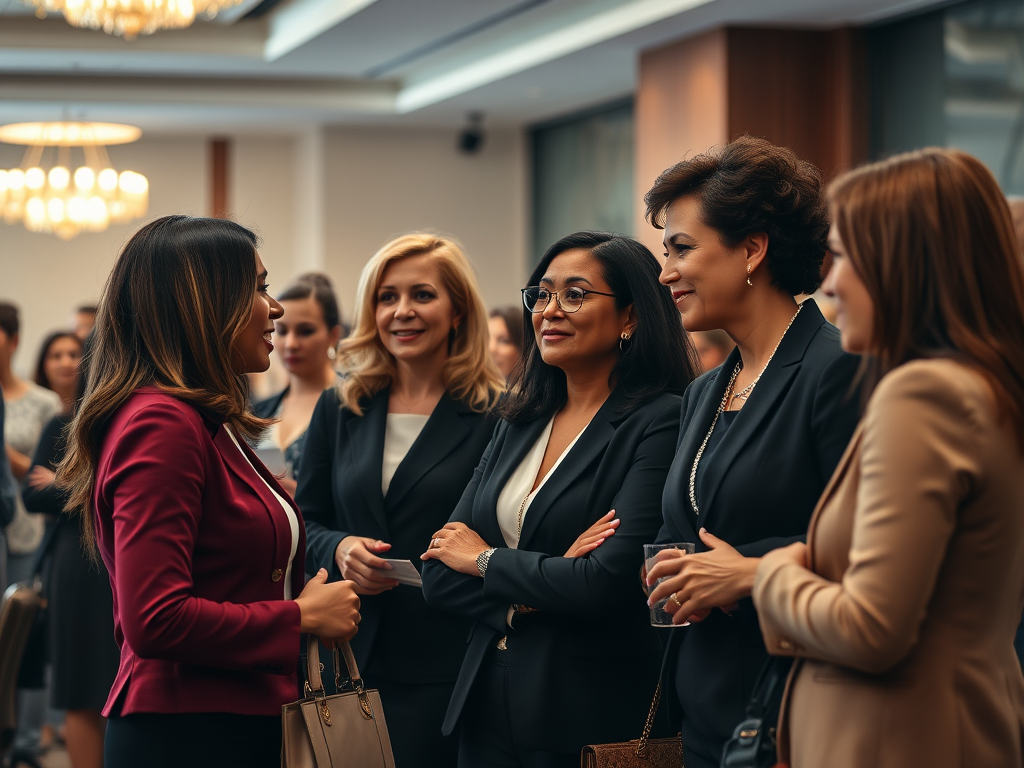 A group of professional women in business attire engage in conversation at a networking event.