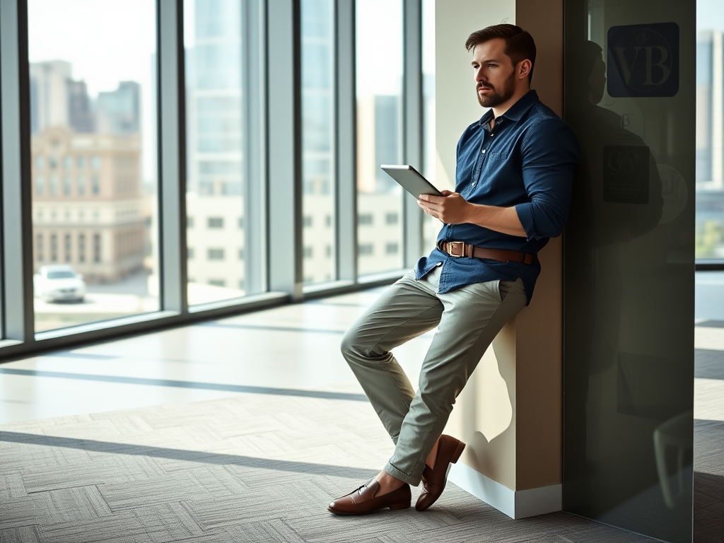 A man in a blue shirt and khakis stands by a large window, holding a tablet in a modern office space.