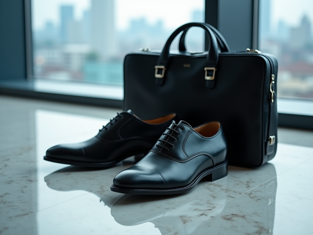 Black leather shoes and briefcase on a marble floor against a blurry cityscape.