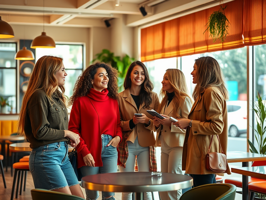 Five women stand together in a bright café, engaged in cheerful conversation and laughter.