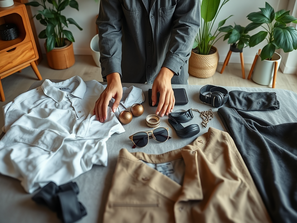 A person arranging various clothing items and accessories on a table in a bright room with plants.