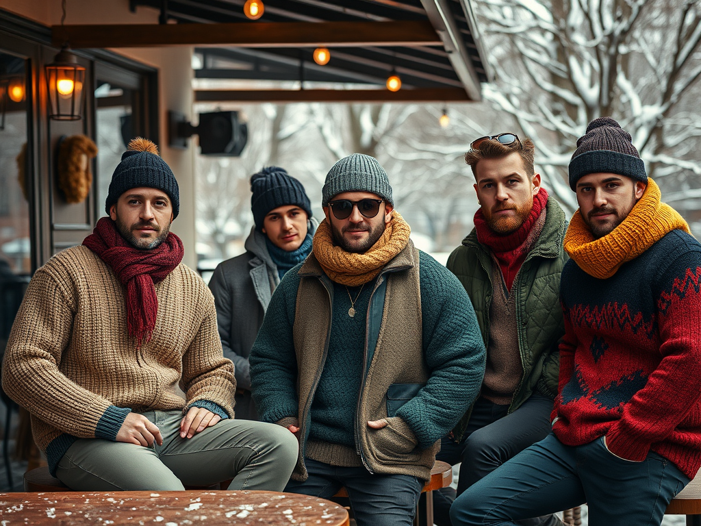 A group of five men, dressed in cozy winter sweaters and scarves, gather outdoors in a snowy setting.