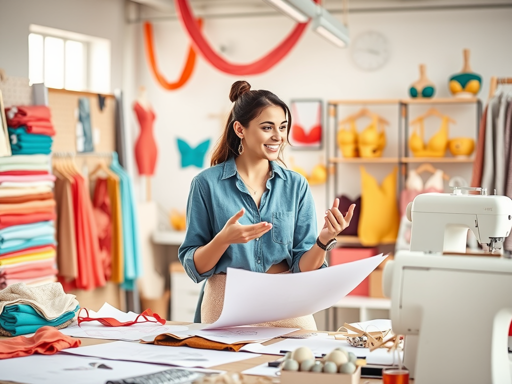 A smiling woman stands in a vibrant sewing studio, gesturing while discussing fabric and design ideas around her.