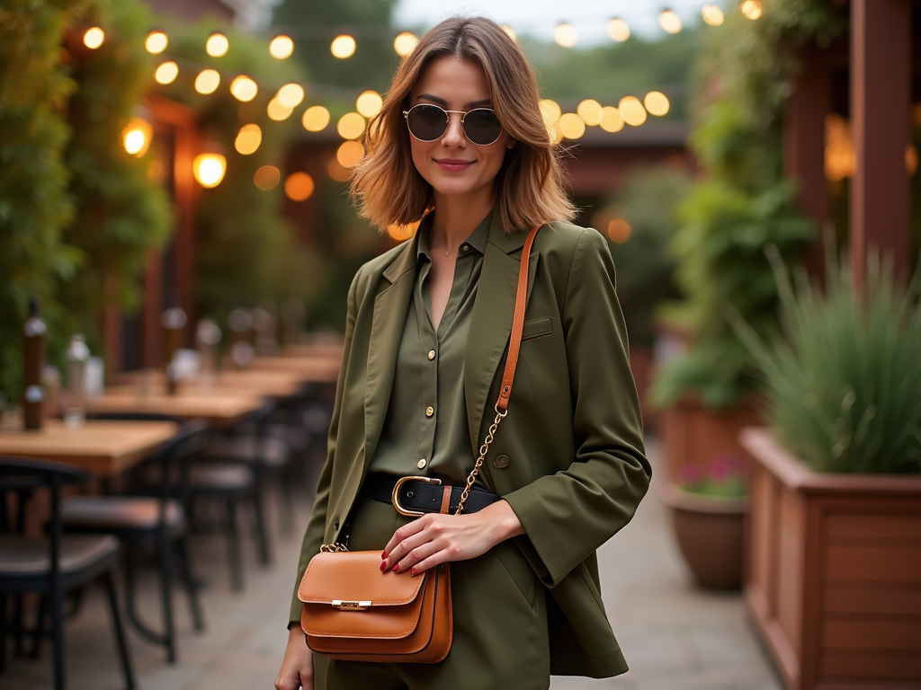 Woman in sunglasses and green outfit with a shoulder bag at a cozy outdoor cafe with string lights.