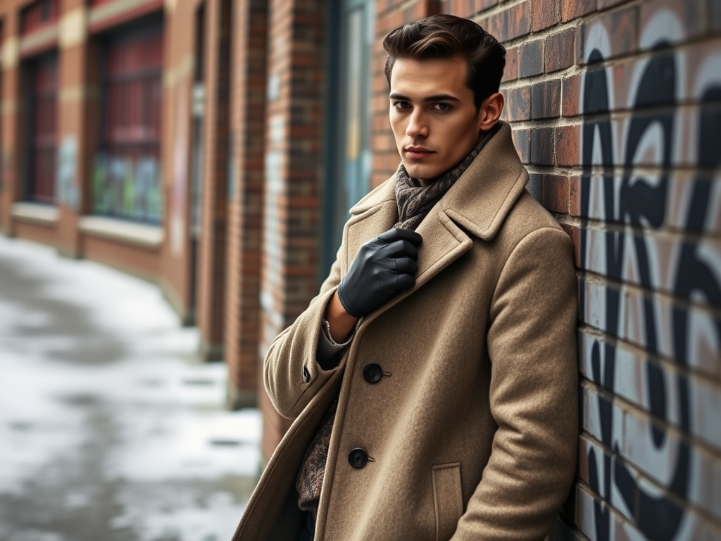 A young man in a stylish coat and gloves leans against a brick wall in an urban setting with graffiti.