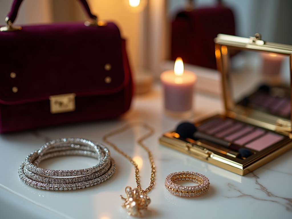 Luxury accessories with velvet handbag, sparkling bangles, makeup palette, and candles on a marble table.