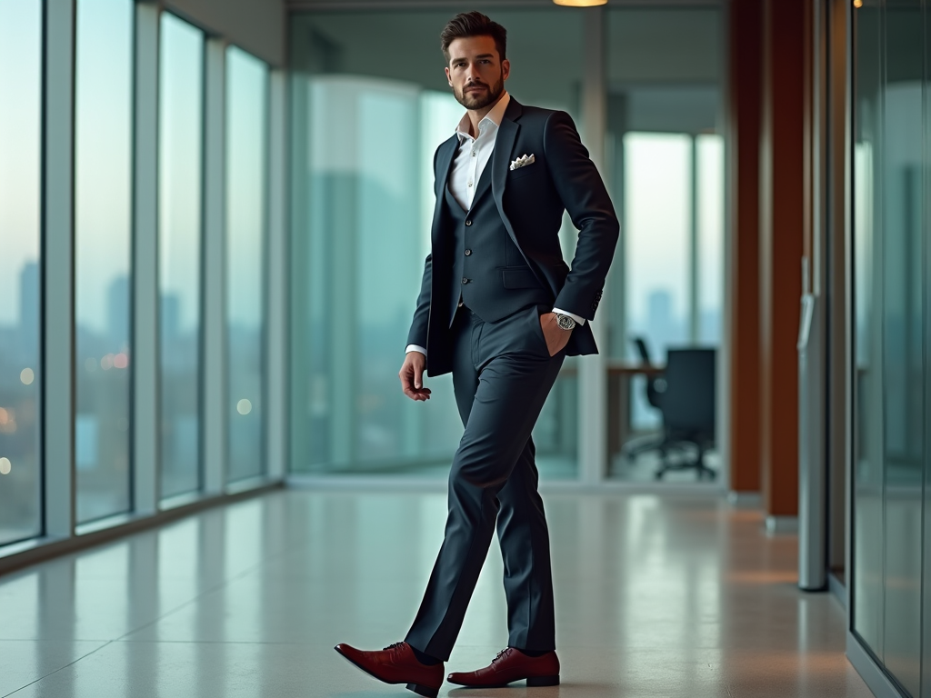 Man in suit with red shoes standing confidently in a modern office with city view.