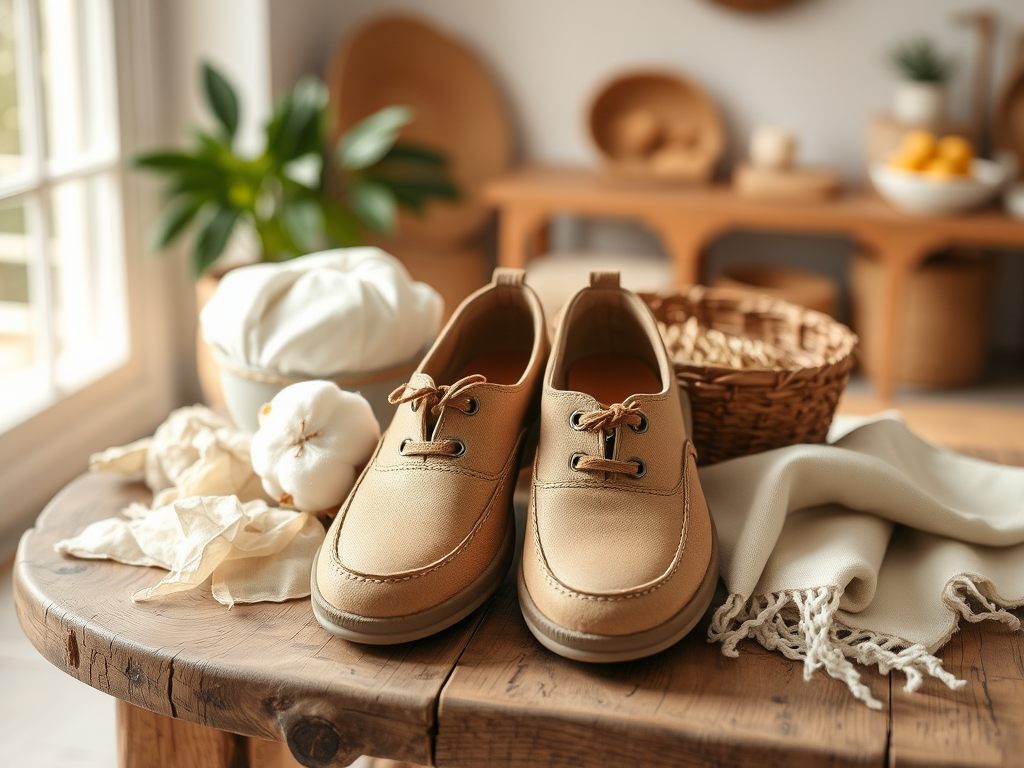 A pair of stylish tan shoes on a wooden table with soft fabrics and a woven basket in a bright, cozy room.