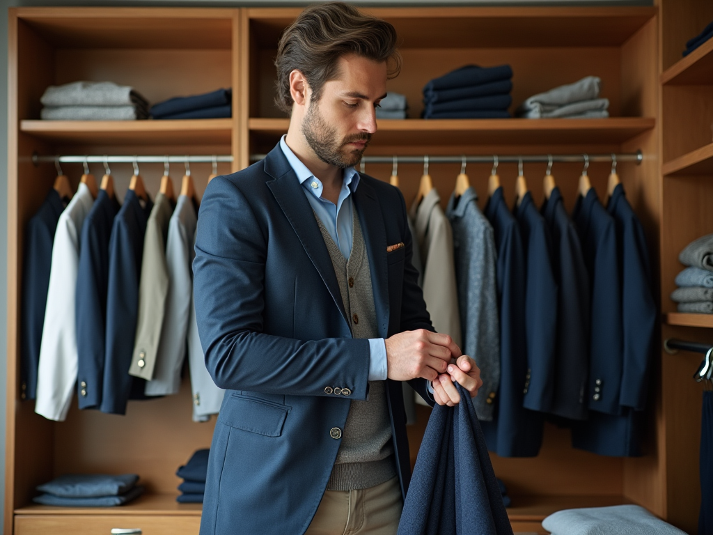 Man in a suit browsing clothes in a well-organized wardrobe.