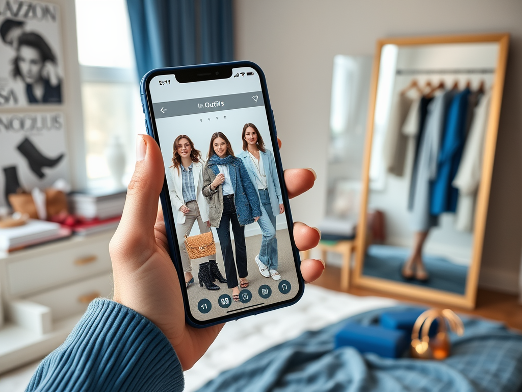 A hand holds a phone displaying three women in stylish outfits, with a mirror and wardrobe in the background.