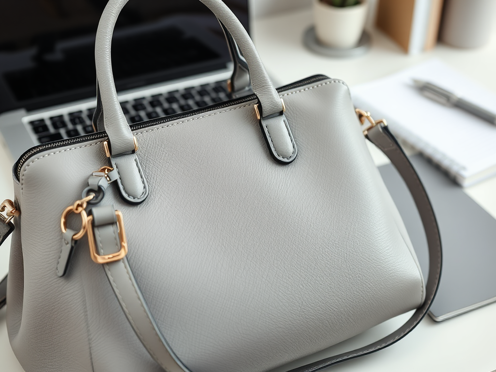 A stylish gray handbag with gold accents sits on a desk near a laptop and stationery.