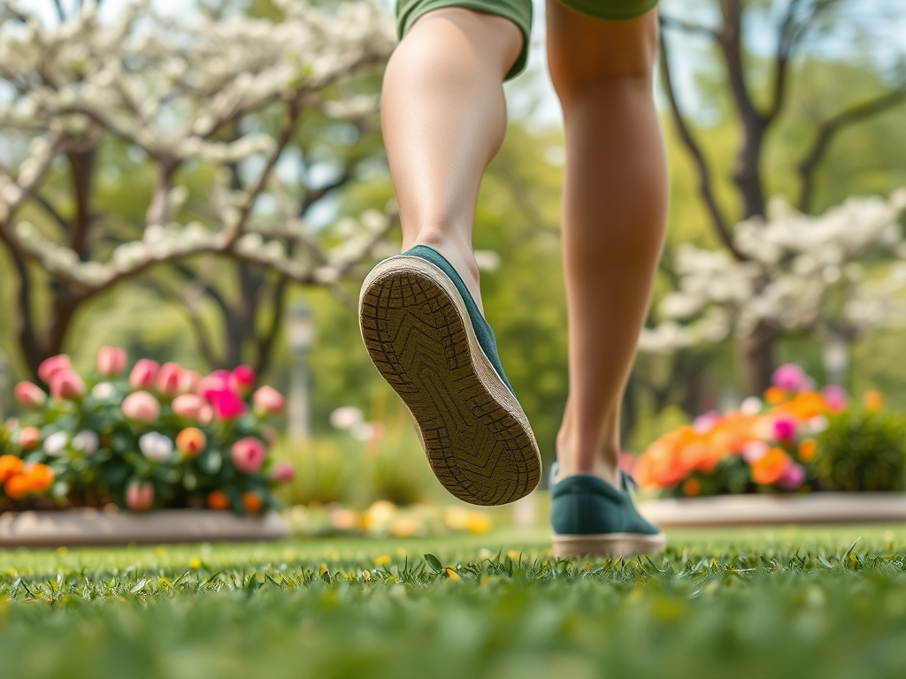 A close-up of a person walking on grass, with colorful flowers and trees in the background.