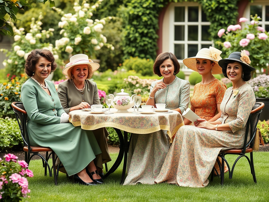 Five elegantly dressed women enjoy tea at an outdoor garden table, surrounded by blooming flowers.