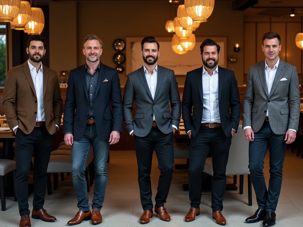 Five men in business attire standing in a modern restaurant setting.