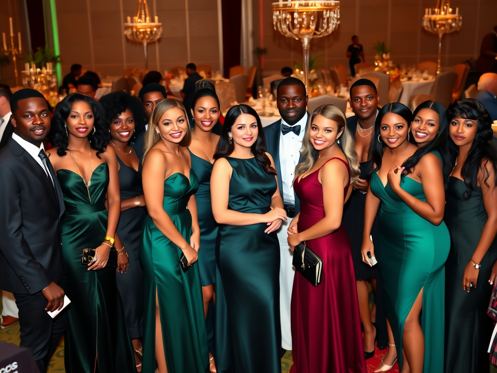 A group of elegantly dressed men and women in formal attire poses together at a lavish event in a decorated venue.